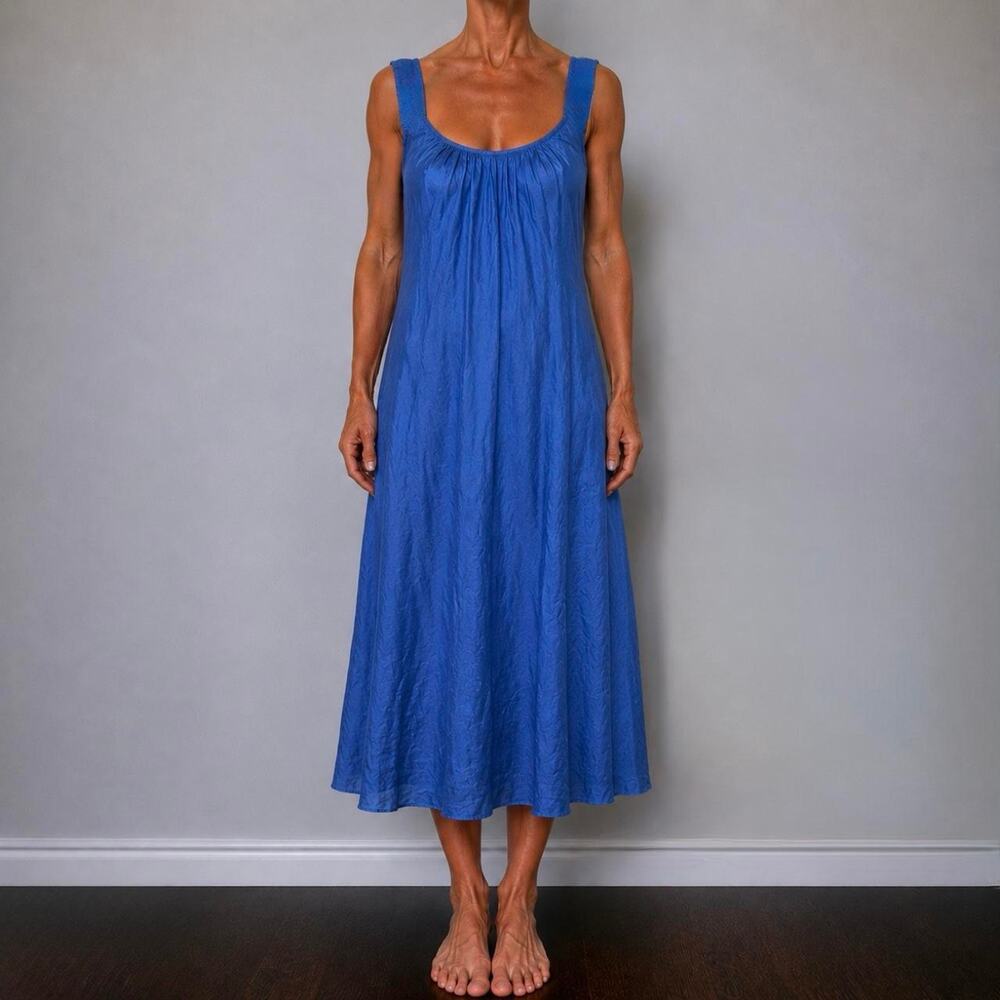 Vintage Italian Royal Blue Silk Luxury Coastal Midi Dress Made In Italy Size M
